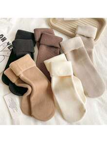5pairs Women's Solid Color Thickened Thermal Lined Winter Snow Socks For Warm Keeping, Cozy - Multicolor - View 11