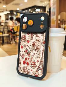 1 pieza Funda de teléfono con diseño de Torre Eiffel, bicicletas, pasteles y corazones en estilo parisino ideal para amantes del romance y la cultura francesa TPU soft case, protección completa antideslizante y anti-caída, compatible con iPhone17 ProMax/16/15/14/13/12/11/Plus/Pro/ProMax, compatible con Galaxy A34/A35/A54/A55, Galaxy S20/S21/S22/S23/S24/S25 Ultra/Plus, compatible con Galaxy/Redmi/Honor/OPPO/ViVo - Negro - Ver 5