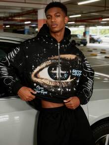 Male Autumn Winter 3D Printed Starry Sky Eyes Hooded Sweater Streetwear Casual Oversized Zip Sweater For Friends, Husband, Boyfriend Gifts Christmas - 黑色印花02 - 查看 2