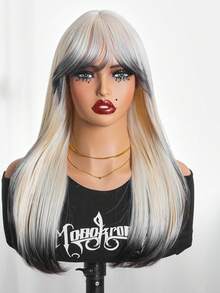 Medium Straight Layered With Bangs Synthetic Hair Shoulder Length Daily Use Wig (Golden Ombre Color) 20Inch Festival Gifts For Women Christmas Decorations Christmas Gifts For Women Wear To GO Good Quality Synthetic Soft Wigs - Blonde Ombre - View 2