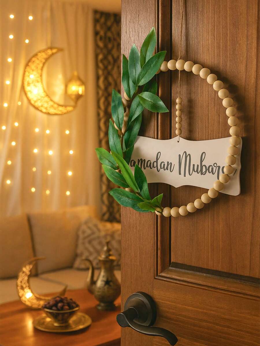 1pc Ramadan Crescent & Floral Wreath Wall Hanging Decor, Bohemian Style Ramadan Eid Mubarak Entryway Decoration, Suitable For Living Room, Bedroom, Hallway, Entrance