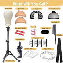 XAPY Wig Stand With HeadAdustable Metal Wig Stand Trod 22 Inch In Canvas Block Head For Wigs Ma Dilay Cosmetology Hairdressing Training With Set Wig Cap And T Pins C Pins Set Bristle Br - White - View 2