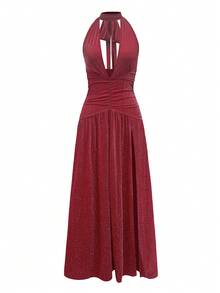 女式性感深V领细肩带金属褶饰腰部开衩长款派对连衣裙