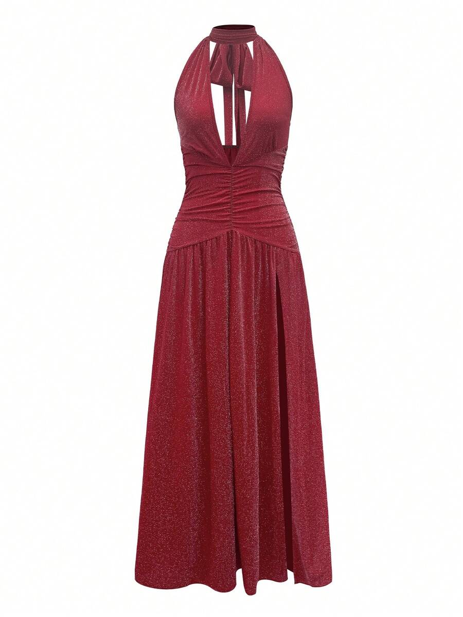 女式性感深V领细肩带金属褶饰腰部开衩长款派对连衣裙