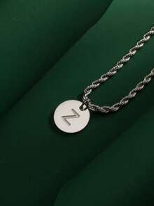 1pc Fashionable Hiphop Stainless Steel Round Disc 26 Letters A-Z Pendant With Stainless Steel Twisted Chain Necklace, Suitable For Men's Daily Wear - Steel-colored Round Letter Necklace - View 19