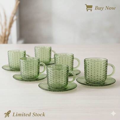 Conjunto de Xícaras de Vidro com Pires Rattan Verde 90ml Hauskraft - 12 Peças