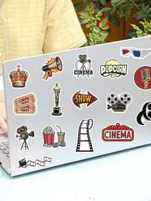 50Pcs Vintage Cinema Movie Night Stickers Pack Retro Movie Decor Graffiti Stickers For Funny Film Decals Waterproof Sticker For Teens Adults Vinyl Sticker For Phone Case Notebook Water Bottle Laptop Skateboard Suitcase Art Journaling Kit Party Favors Supplies - Khaki - View 4