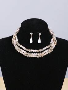 3pcs European And American Fashion Minimalist Sweet Elegant Pearl & Rhinestone Necklace And Earrings Jewelry Set - Gold - View 4
