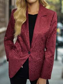 Damen elegante Blazer Jacke mit Blumen Jacquard-Muster, Fake-Taschen und Einreiher-Revers, geeignet für den täglichen Gebrauch und Veranstaltungen, Frühling/Herbst - Bordeaux - Übersicht 2