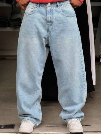 Cotton Straight Leg Jeans, Washed Jeans With Slant Pockets, Versatile Wide Leg Washed Jeans, Casual Loose Fit Straight Jeans For Couples