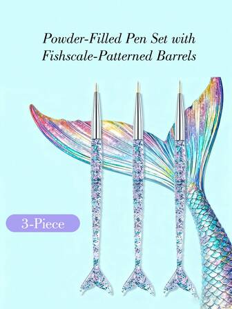 3Pcs/1Pc Fish Tail Pull-String Nail Art Pen, Fish Tail Powder Filling Pen With Round Head For Light Therapy, Nail Art Tool For Beginners, Simple To Use And Stylish Fish Tail Design, Shiny And Fashionable In Korean Style, Can Draw Simple Lines, Petals, Fireworks And Pull-String Patterns, Portable For Travel
