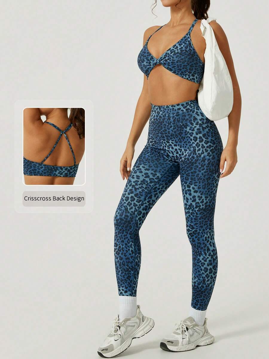 1 Set Women's Leopard Print Elastic Criss-Cross Front & Back Sports Bra And Leggings Activewear Set - Blue - View 1