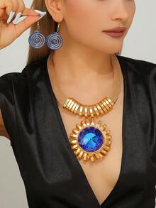 Handmade Exaggerated Multi-Layer Aluminum Wire Woven Bohemian European And American Middle Eastern European Korean Version Evening Party Holiday Women's Chain Necklace Earrings With Artificial Crystal - Blue - View 7