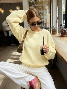 FOR BEAUTY Women's Knit Pullover Sweater, Minimalist Elegant Casual Style, Light Apricot Solid Color Crew Neck Long Sleeve Sweater, Essential For New Year - Light Apricot - View 3