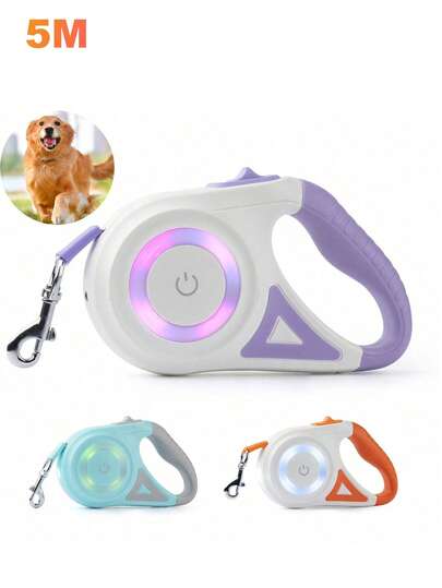 1pc Retractable Dog Leash (Battery Not Included), Dual Light Design, 3 Meters/5m Size Options, Macaron Colors, Dog Supplies. Suitable For Small And Medium Dogs.