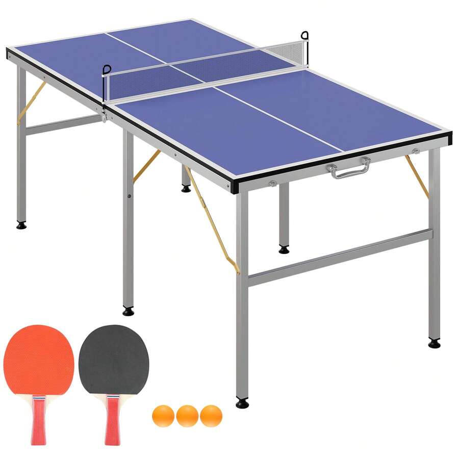 Mesa de ping pong profesional de MDF, plegable, de 1,8 x 0,9 m, con red, 2 palas de tenis de mesa y 3 pelotas, fácil de guardar y transportar, color azul. - Azul - Ver 1