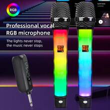 G-MARK 2 小时电池续航时间，RGB 渐变动态灯光无线麦克风，配备抗干扰双麦克风，适用于卡拉 OK、直播、唱歌，轻巧塑料套装 - 玫瑰金 - 查看 4