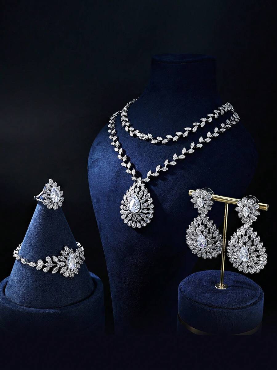 4pcs/Set Silver Cubic Zirconia Pendant Necklace, Earrings, Bracelet, Open Ring Jewelry Set, Elegant & Luxurious Daily Wear For Women - Water Drop Pendant Sweater Chain Four-piece Set - View 1