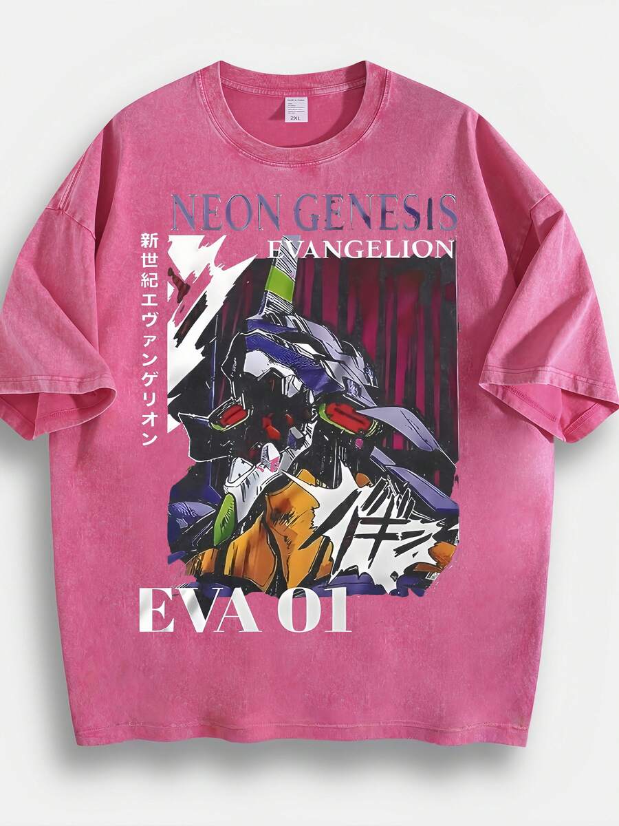 Washed T-Shirt Unisex | Retro Mecha Graphic | Anime Print Short Sleeve - Hot Pink - View 1