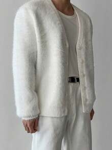 男士V领宽松针织开衫，韩版简约百搭，适合圣诞节、新年等场合，长袖上衣 - 白色 - 查看 6