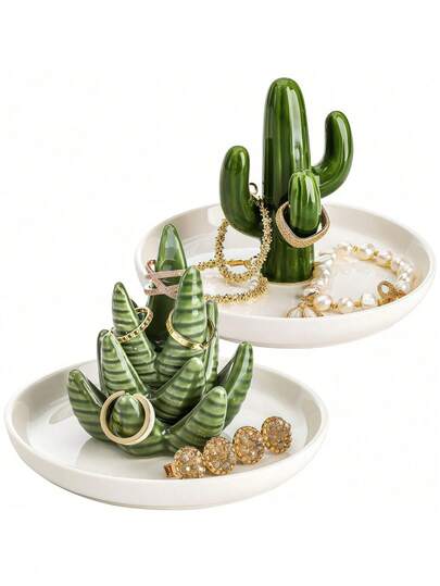1pc Ceramic Aloe Vera Cactus Jewelry Holder, Decorative Succulent Jewelry Tray For Rings, Bracelets, Earrings, Necklaces, Suitable For Wedding, Birthday Gifts, Home Decor, Back To School,Room Decor