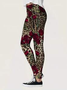 Women's Print Leggings - Premium Super Soft Stretchy Fabric, Bold Floral & Leopard Print Design, Machine Washable Casual Yoga Pants For Spring Summer Fall, High Waisted Leggings, Comfortable Leggings, Bold Print Leggings, Stretchy Fabric Leggings - style - 查看 4