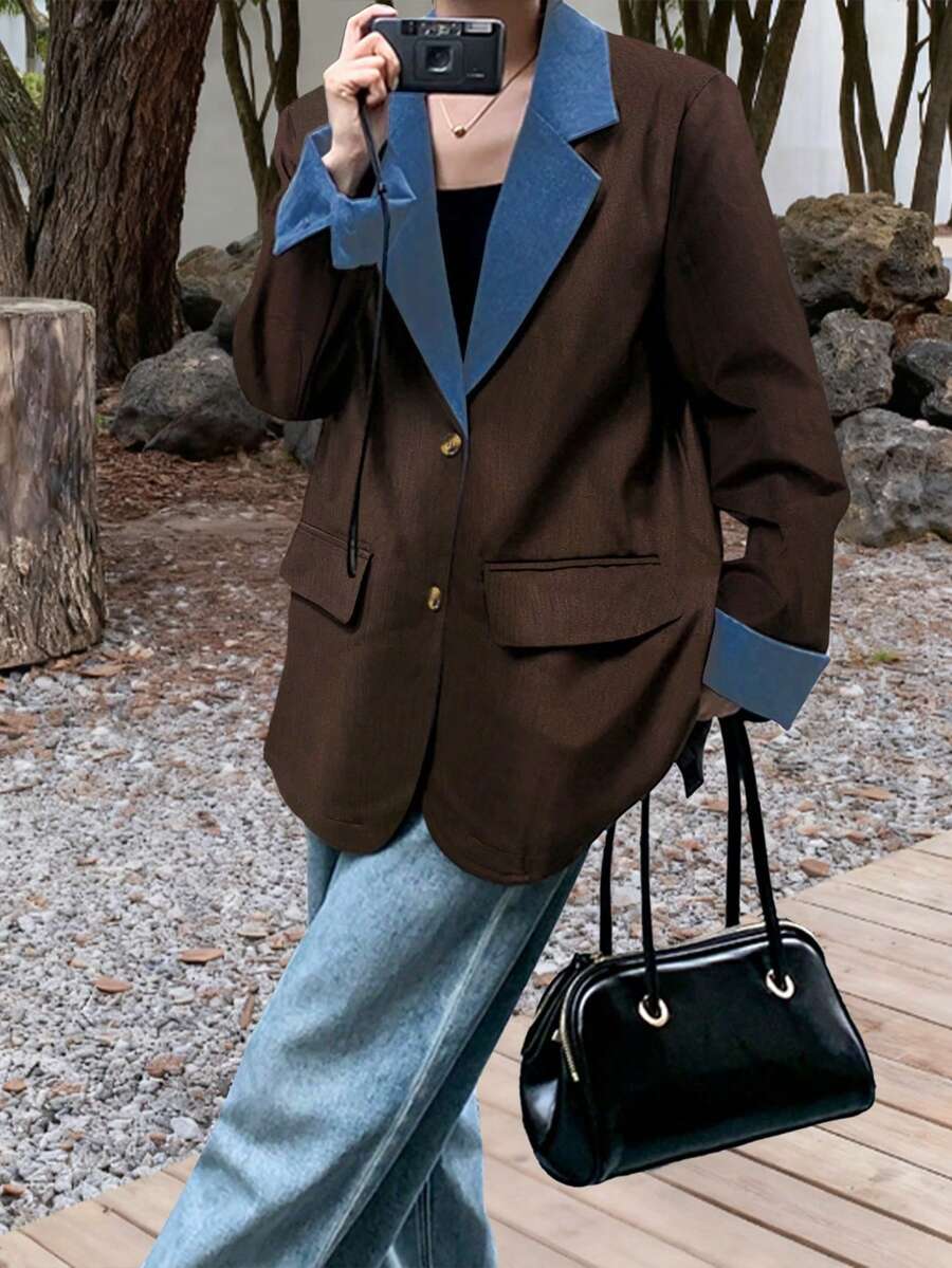 Women Casual Fashionable Commuting Colorblock Faux Pocket Long Sleeve Blazer, Autumn/Winter - Chocolate Brown - View 1