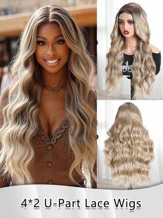 26Inch Multicolor Long Wigs Body Wave Long Hair 4X2 U-Part Lace Wigs Dye Wig For Women Middle Part Synthetic Heat Resistant Natural Hair For Party Or Gifts For Women Christmas Decorations Christmas Gifts Costume Full Red And Black Wigs For Girls High-Quality Women's Natural And Beautiful Synthetic Soft Fake Fiber Hair Christmas