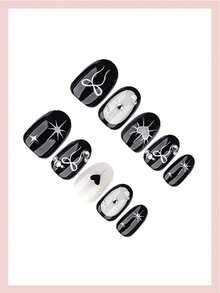 24 Stücke kurze ovale Klebenägel, Französische Maniküre in Schwarz, Herz- und Schleifen-Design, glänzende Komplett-Abdeckung Künstliche Nägel, geeignet für Frauen & Mädchen für den täglichen Gebrauch, Dates, Partys, Valentinstag Nagelbedarf - Verschiedenfarbig - Übersicht 3