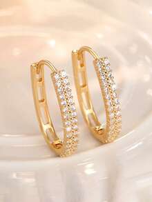 1 par de pendientes de aro elegantes y minimalistas con rhinestones geométricos, adecuados para uso diario y fiestas - Dorado - Ver 4