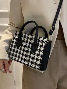 1 Piece Fashion Thousand Bird Check Handbag Square Bag Zipper Opening Shoulder Strap Adjustable Crossbody Bag Suitable For Women's Daily Casual Use - Black - View 5