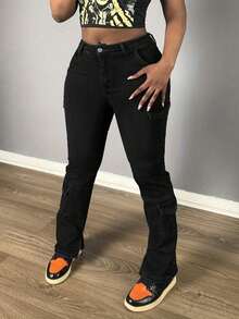 Women's Jeans Casual Black Skinny Stretch Flared Pants Workwear Teacher Pants Flare Sweatpants Winter Clothes Fall Back To School Women Jeans  Back To School Clothes - 黑色 - 查看 5