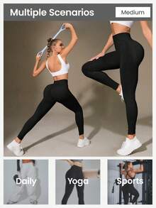 女士无缝高腰瑜伽紧身裤 - 运动跑步健身紧身裤，具有收腹、防摩擦、提臀和保暖功能 - 黑色 - 查看 4
