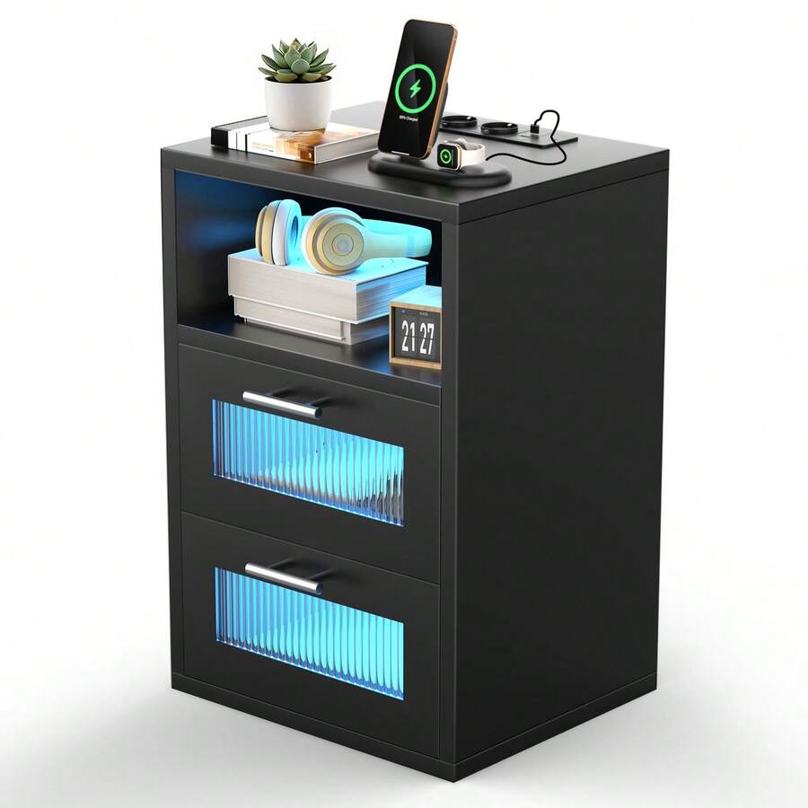 OYAJIA Smart Nachtschrank mit USB Ladefunktion, modern Nachttisch mit LED-Beleuchtung, Beistelltisch, Sofatisch Beistellkommode mit 2 Schubladen und offenes Fach, Schlafzimmer, , 35 x 40 x 60 cm, weiß / Schwarz