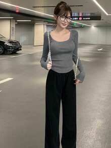 韩版性感修身方领长袖针织毛衣上衣，秋冬 - 灰色 - 查看 6