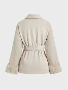 Romantic, Elegant, Minimalist Casual Fashion Commuter Long Sleeve Warm Coat, Solid Color Faux Fur Trim, Women Overcoat For Holiday, Evening Date, Office, Vacation, Autumn/Winter - Khaki - View 10