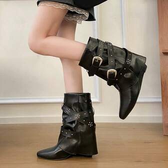 Punk Style Metal Buckle Rivet Decor Solid Color Pointed Toe Mid-Calf Flat Heel Boots For Women, Edgy Street Fashion, Versatile Black Dress Boots For Autumn/Winter