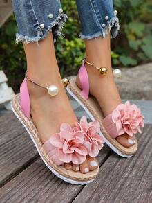 Sandale de plajă cu imprimeu floral pentru femei, stil boem dulce, versatile pentru vacanțe la plajă, talpă moale antiderapantă - Roz - Vizualizare 4