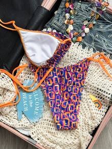 Bộ bikini nữ mới, họa tiết hình học, gợi cảm, chất liệu co giãn vừa phải, kiểu buộc dây, hở lưng, thích hợp cho kỳ nghỉ hè, đi biển. - Nhiều màu - Xem 2