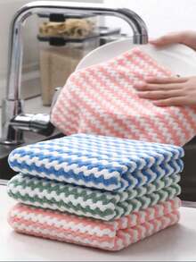 3pcs Cationic Coral Fleece Kitchen Dishcloth, Non-Stick Oil, Thick Water Wave Pattern Dishcloth, Wipe Table Cleaning Cloth - Random - View 1