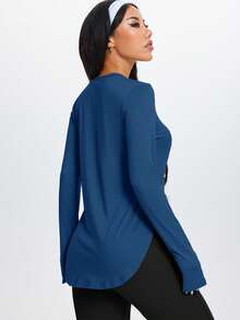 1pc Women's Minimalist Style Soft & Comfortable Versatile Sports Long Sleeve Top, Suitable For Yoga, Outdoor Training, Running Spring - Navy Blue - View 2