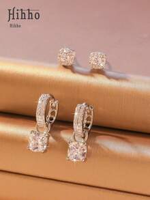 Hihho 4 件/套 3D 半圆形耳钉，创意 U 形全方晶锆石铜耳环套装，适合女性，几何铜首饰