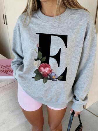 Mädchen Pullover mit Buchstaben- und Blume Muster, Rundhalsausschnitt, lässiger Streetwear-Stil, Herbst/Winter