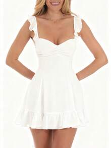 Women's Summer Mini Dress Solid Color Ruffled Trim V Neck Sleeveless A Line Short Dress - 白色 - 查看 1