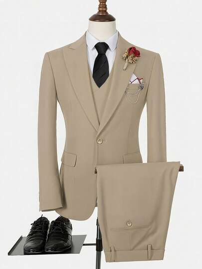 Furuyal Men's 3-Piece Suit, Elegant Solid Color Fashion Slim Fit Formal Outfit, Double-Breasted Suit Jacket With Vest And Trousers, Suitable For Business, Party, Wedding And Holiday Wear