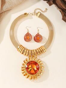 手工编织夸张多层铝丝波西米亚风欧美中东韩版晚宴派对假日女士项链耳环套装，镶嵌人造水晶 - 橘色 - 查看 4