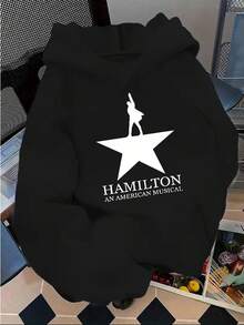 Women'S Y2K Style Hamilton Musical Inspired Hooded Sweatshirt - Official  Musical Graphic Print, Cozy Fleece Pullover With Star & Hamilton Lettering, Machine Washable All-Season Casual Wear, S-Xxl Sizes Available, Comfortable Clothing Women Winter Clotheshoodie,Christmas Outfit WomenchristmasWomen's Oversized Hoodie - 黑色 - 查看 6