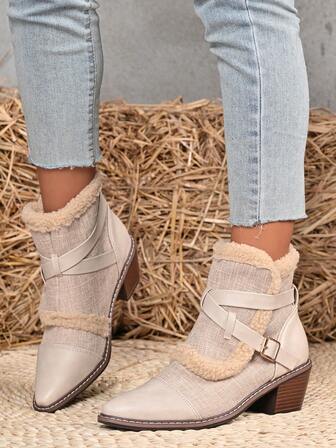 Botines de mujer con puntera puntiaguda, tacón de bloque y hebilla de metal con parches de piel sintética, unicolor, estilo occidental, para uso casual en otoño/invierno, color beige