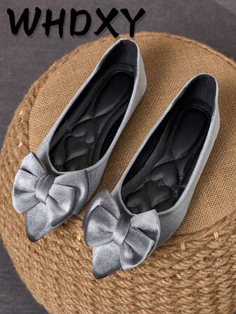 WHDXY Women's Flat Shoes, Bow Decor, Minimalist Design, Comfortable, New Arrival For Autumn, Gray Color, Suitable For Daily Outings, Dates And Leisure
