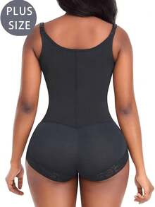 1 Pc Women's Plus Size Body Shaperwear,Butt Lifting And Tummy Control Shapewear Bottoms,Comfortable Slimming Shapewear Bodysuit,Zipper Solid Color Underwear Body Shapers,Suitable For Daily Wear - 黑色 - 查看 2